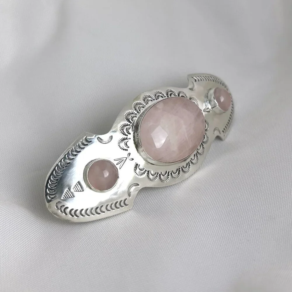 Sterling 925 Silver, Stamped Hair Clip w/ Rose Quartz Cabochons 3.75